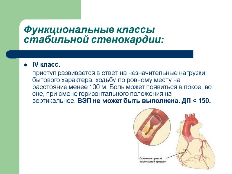 IV класс.   приступ развивается в ответ на незначительные нагрузки бытового характера, ходьбу